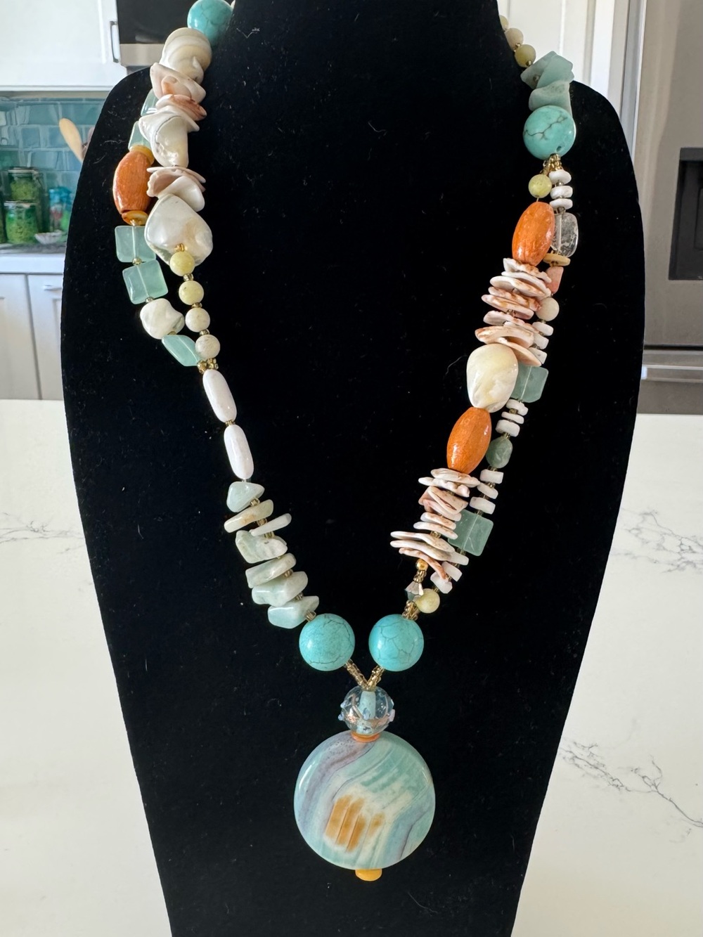Handcrafted Turquoise & Coral Bead Pendant Necklace